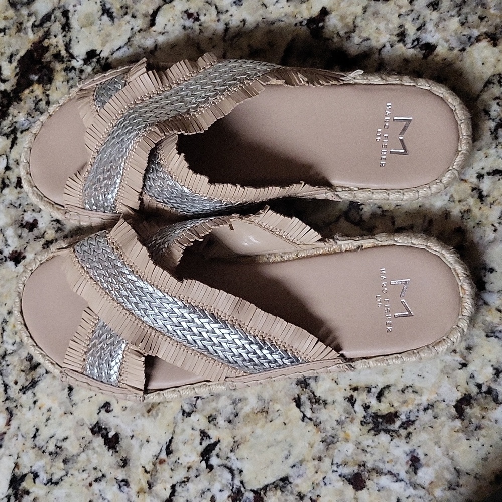 Marc Fisher Beige and Silver Braided Espadrille Slide Sandals - Picture 5 of 10